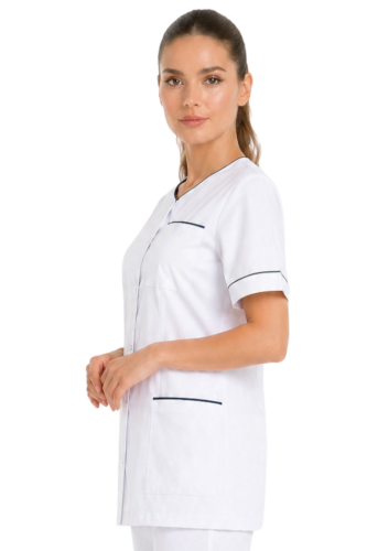 Biały fartuch lekarski z lamówką granatową