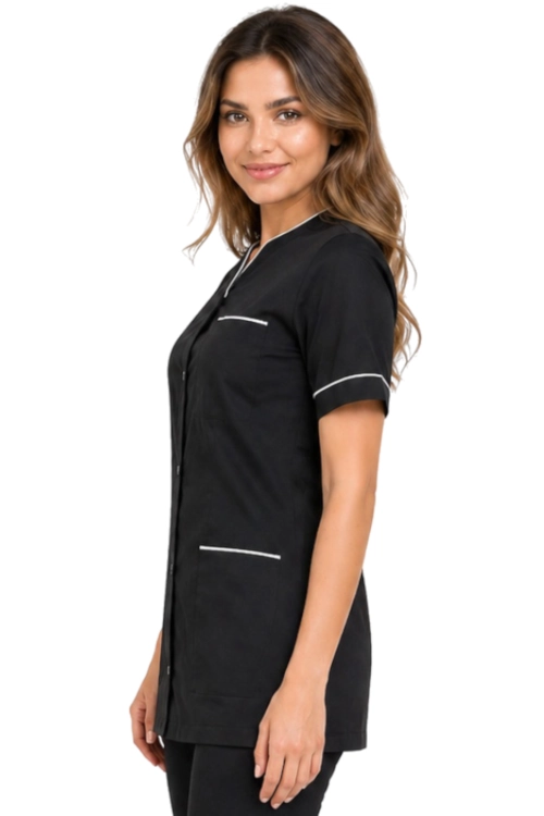 Czarny żakiet kosmetyczny z białą  lamówką  medyczny damski