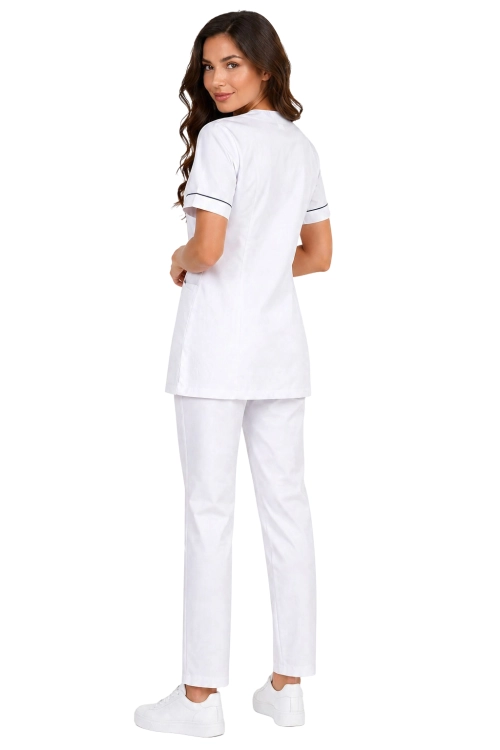 PHARMACY COMFORT biały  damski komplet medyczny z granatową lamówką i białymi spodniami