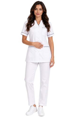 Komplet medyczny damski PHARMACY COMFORT biały  z granatową lamówką i białymi spodniami