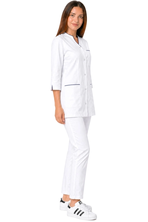 Uniform  medyczny damski 3/4 rękaw biały żakiet   z granatową lamówką i białymi spodniami