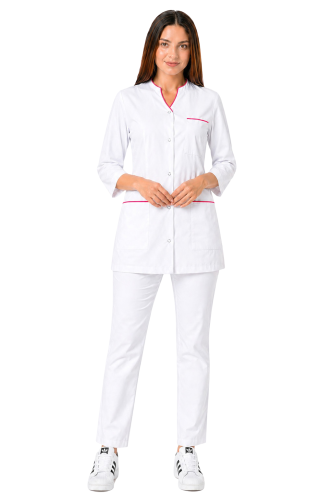 Komplet medyczny damski z  rękawem 3/4 biały żakiet z różową  lamówką i białymi spodniami