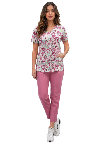 Komplet medyczny damski w kolorowe wzory z elastyczna dzininową bluzką